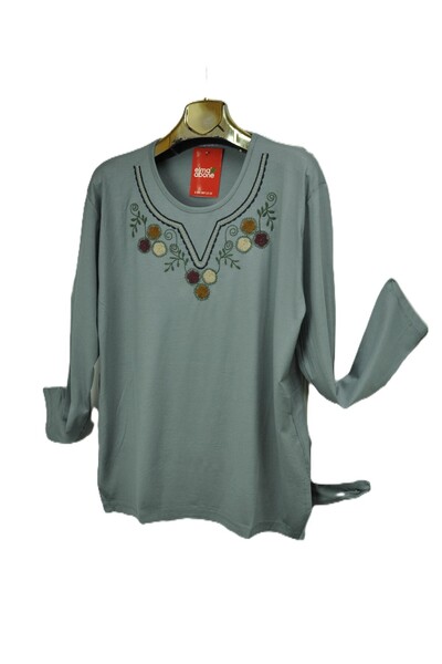 elma abone Plus Size Combed Cotton Embroidered Blouse