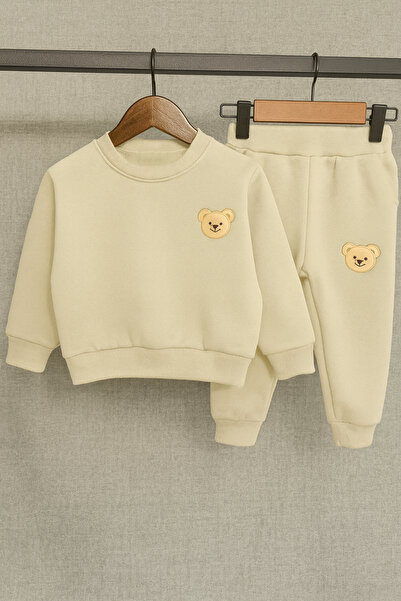 Bubito Bear Embroidered Baby & Kids Top and Bottom Set-Beige