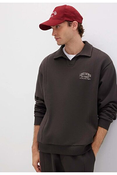 Mavi 0S10479-70219 Polo Neck Embroidered Men's Hooded Sweatshirt Brown