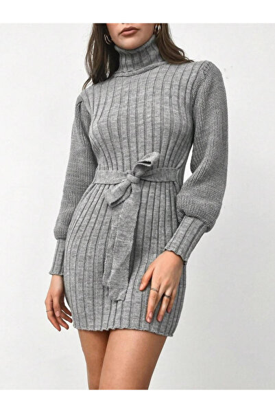 JANES Women's Long Sleeve Turtleneck Waist Belted Mini Knitwear Dress