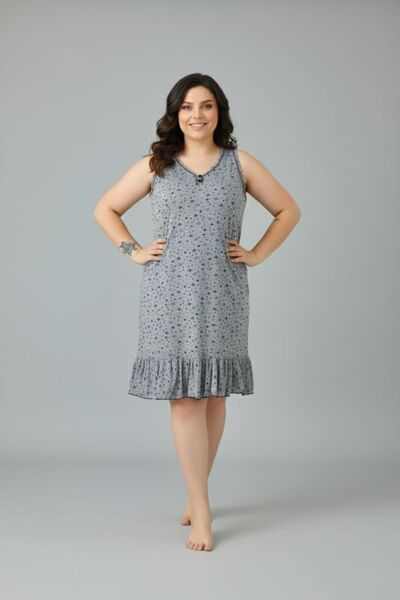 enmodaiçgiyim Women's Gray Patterned Plus Size Matching Skirt Ruffled Cotton V-Neck Comfortable Dress