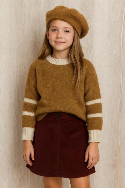 CLOUDY WEAR&DESİGN Кафяв плетен пуловер с раирани ръкави и велосипедна яка за момичета (5-14 години)