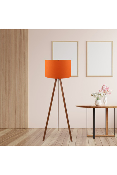 METEDEKOR Pratik Ahşap Üç Ayaklı Lambader Turuncu Kumaş Başlık Salon Yatak Odası Köşe Lambası