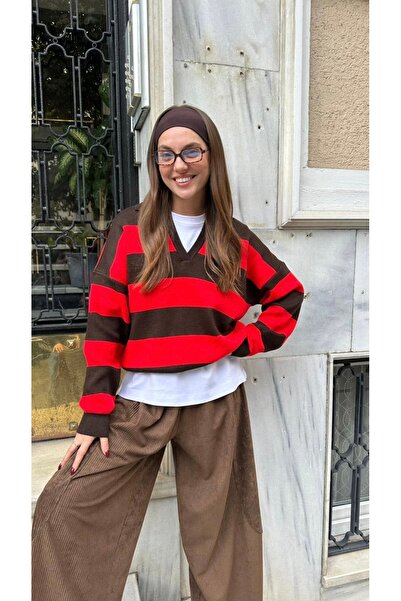 Zey Studio Γυναικείο πλεκτό πουλόβερ με λεπτομέρεια σε καφέ κόκκινο χρώμα με ...