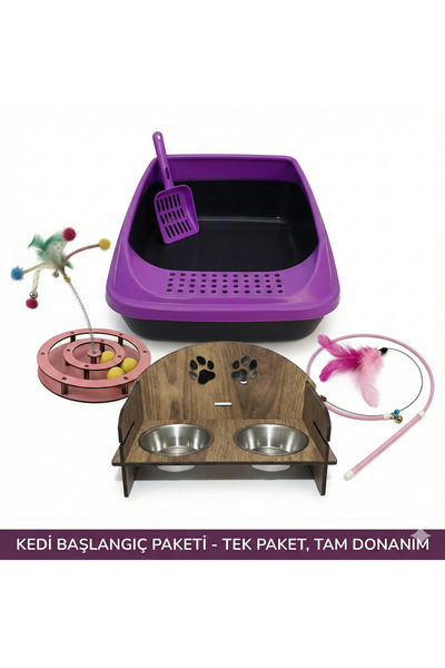 İKONİXPET Kedi Başlangıç Seti Açık Kedi Tuvaleti, Ahşap Standlı Çelik Mama Ka...