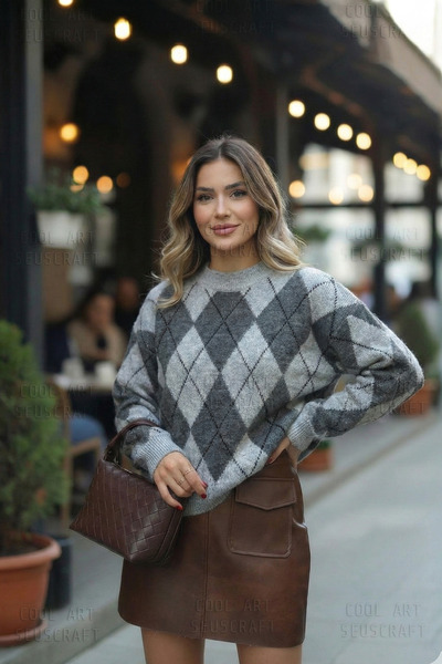 SeusCraft Premium γυναικείο πλεκτό πουλόβερ με σχέδιο Haley Baklava - Γκρι κα...