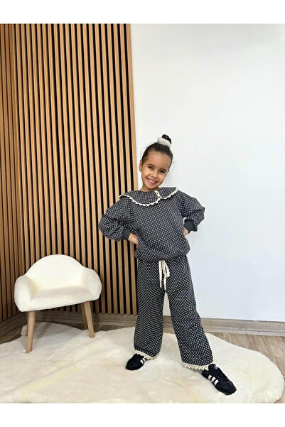 Magu Girl's Cotton Gray Patterned Sweatshirt and Sweatpants Set – Lace Collar Detail