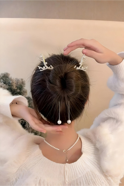 ELMATOLYE Pearl Deer Antler Bun Clip – New Year Chignon Bun Holder – Pendulum Pearl Detailed Hair Accessory