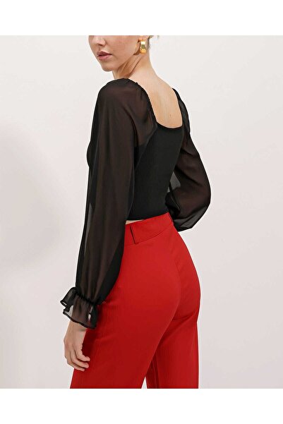 Modamorfo Women's Black Chiffon Zippered Front Blouse 0496