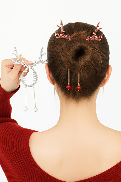 ELMATOLYE Pearl Deer Antler Bun Clip – New Year Chignon Bun Holder – Pendulum Pearl Detailed Hair Accessory