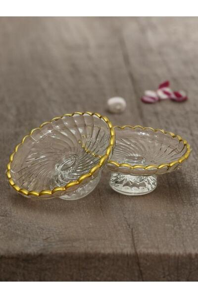 Zeryas Home 2 Adet Cam Altın Yaldızlı Ayaklı Sunum Kasesi Çerezlik Tatlılık GOLD