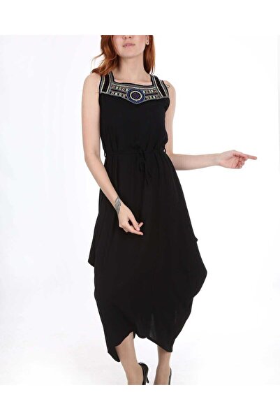 Modamorfo 1512 Front Embroidered Dress - Black