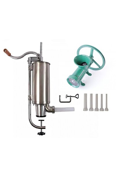 micul fermier Pachet Masina Tocat Carne din Fonta, Nr 32 cu Palnie + Carnatar Vertical PRO Inox, 4 Kg, GF-1415