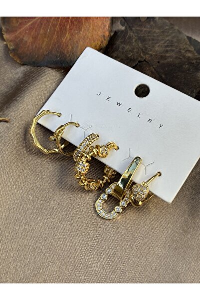 IronMoon 6'lı Karışık Zirkon Detaylı Gold Renk Klipsli Kadın Küpe
