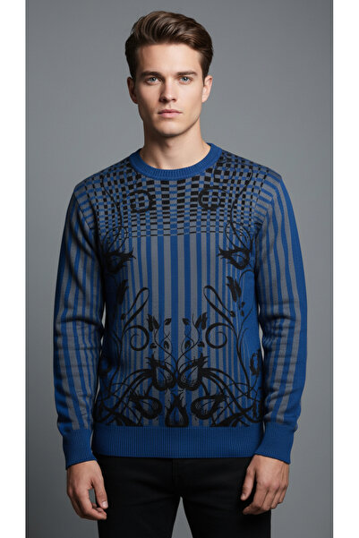 Digz fashion 100% Cotton Petrol Blue Patterned Slim Fit Knitwear Sweater