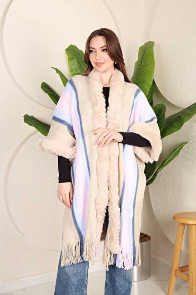 Modax Triko Şardonlu Kürklü Panço 100%100 Akrilik