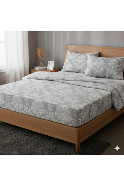 Alpateks Home طقم غطاء لحاف مزدوج من القطن الدمشقي الرمادي مع أربطة مطاطية