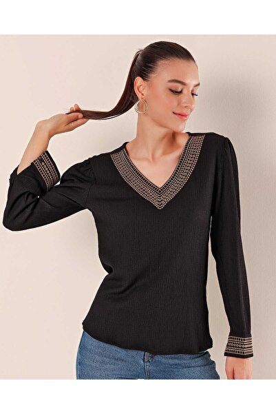Modamorfo 0466 Embroidered V-Neck Knitted Blouse - Black