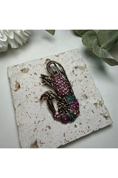 nesdesign Pembe Yeşil Taşlı Istakoz Bronz Broş