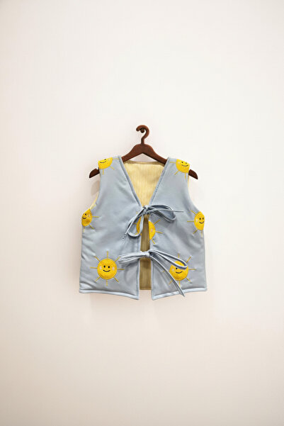 Magu Unisex Children's Cotton Blue Sun Embroidered Tie-Up Vest – Soft Lining Detail