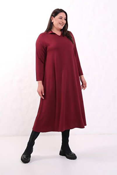 Truva XXL Plus Size Polo Neck 2 Thread Burgundy Cotton Combed Dress