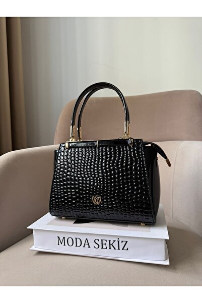 Moda Sekiz Women's Black Patent Leather Premium Quality Multi-Compartment Crossbody Hand and Shoulder Bag