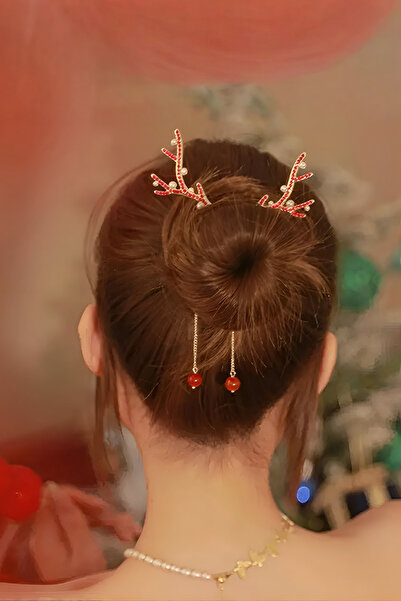 ELMATOLYE Pearl Deer Antler Bun Clip – New Year Chignon Bun Holder – Pendulum Pearl Detailed Hair Accessory