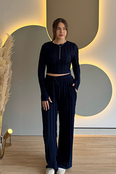 Aventien Ruffled Finger-Tie Crop Navy Blue Two-Piece Set