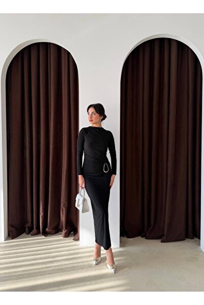 mafdress Women's Boat Neck Black Sandy Evening Dress