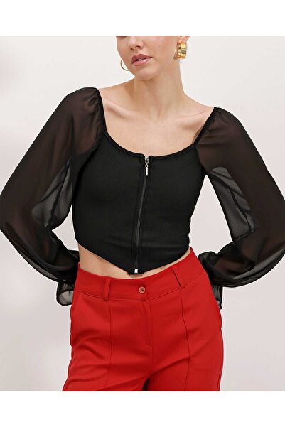 Modamorfo Women's Black Chiffon Zippered Front Blouse 0496