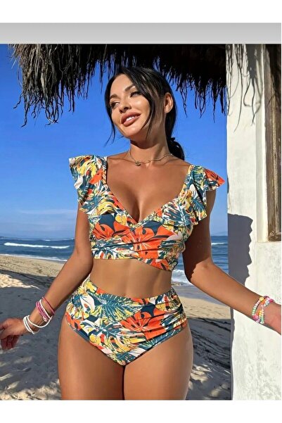 LİNORA Tropikal çiçek Desenli Fırfırlı yüksek bel 2 Parça Bikini MAYO