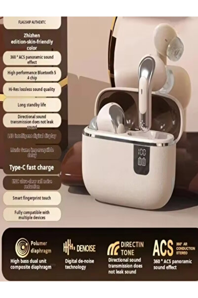 OEM In-ear headphones with Bluetooth technology TWS BT5.5, high quality leather, LED display - WHITE