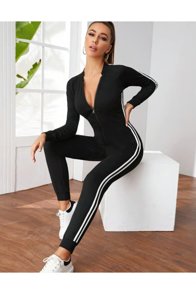 EMATTEIRO Μαύρη αθλητική ολόσωμη φόρμα, εφαρμοστό, με μπροστινό φερμουάρ και ...