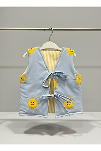 Magu Unisex Children's Cotton Blue Sun Embroidered Tie-Up Vest – Soft Lining Detail