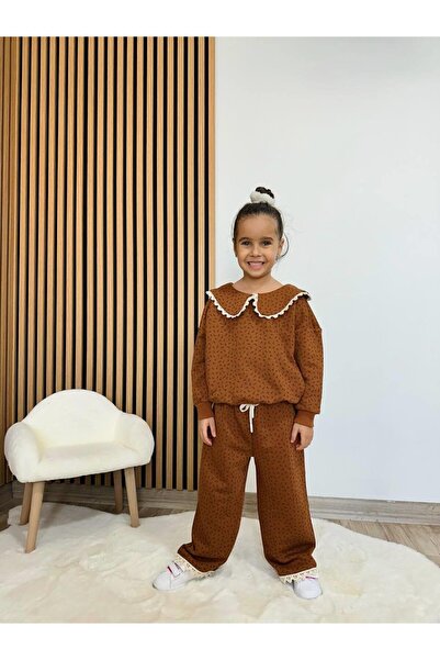 Magu Girl's Cotton Brown Patterned Sweatshirt and Sweatpants Set – Lace Collar Detail