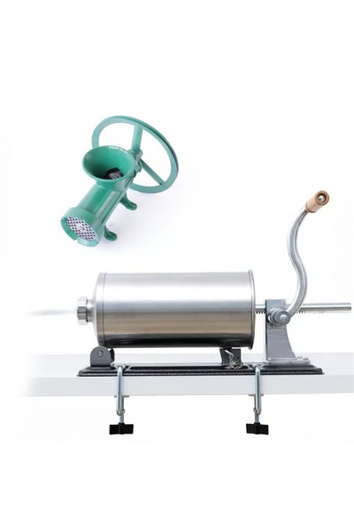 micul fermier Pachet Masina Tocat Carne din Fonta, Nr 32 + Carnatar Inox Orizontal, VNS-O4, 4 Kg, 5 Palnii