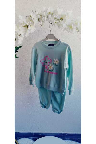 KGDKİDS Kız Bebek/Çocuk Mavi Renk Nakışlı İkili Alt Üst Takım