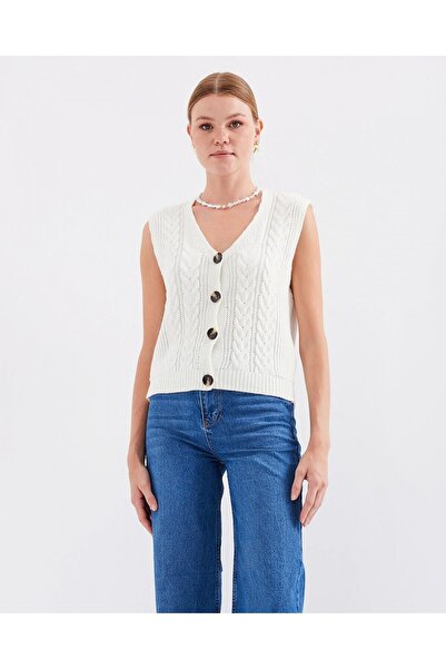 Modamorfo 15882 Buttoned Short Knitwear Vest - White