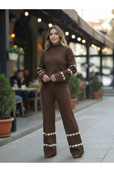 coolart Kadın Kalp Desenli Triko Alt Üst Takım - Kahverengi Boğazlı Yaka
