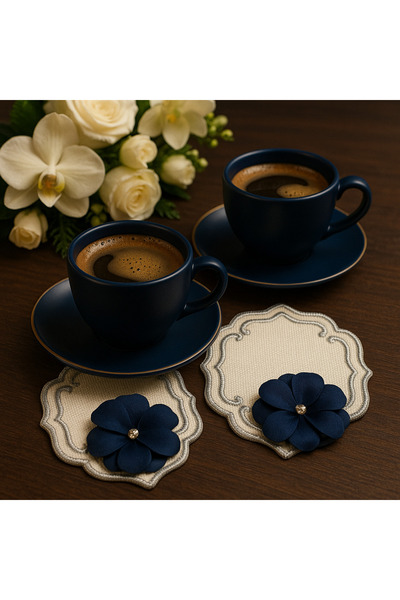 Durushe Navy Blue Floral Embroidered Premium Coffee Coaster – Handcrafted