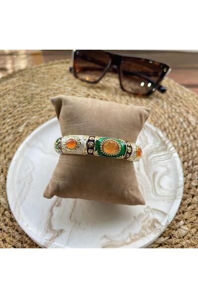 nesdesign Vintage Turuncu Taşlı Etnik Desen Kelepçe