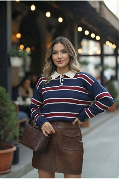 SeusCraft Pulover tricotat cu nasturi și model orizontal pentru femei - Guler...