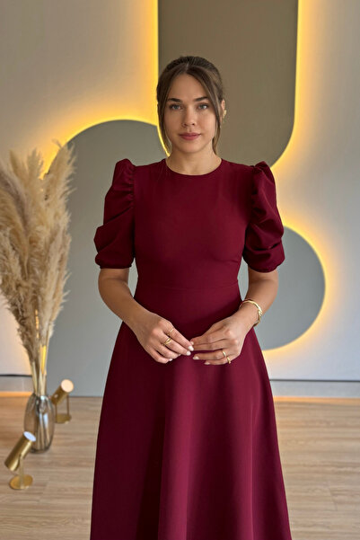 Aventien Balloon Sleeve Flared Burgundy Midi Dress
