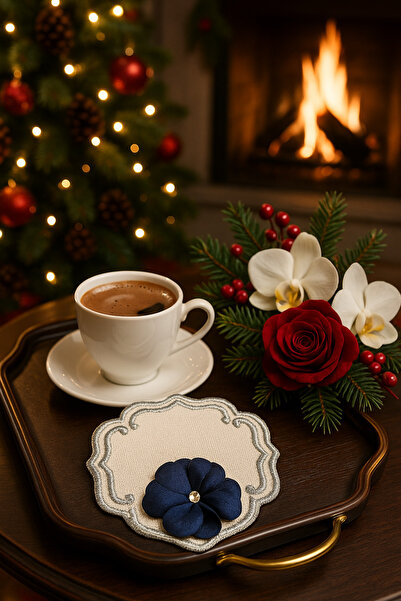 Durushe Navy Blue Floral Embroidered Premium Coffee Coaster – Handcrafted