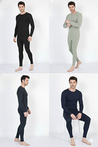 Isıl Termal | Men's Combed Cotton Thermal Underwear Set of 4 (Black Anthracite Navy Blue Nano Green)