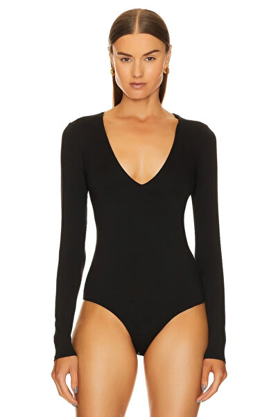 bysoca Дамски черен дълъг ръкав с дълбоко V-образно деколте, закопчаване отпр...