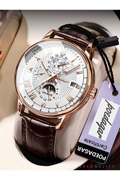 POEDAGAR Lüks Klasik Tasarım Kahverengi Deri Kordon Erkek Kol Saati
