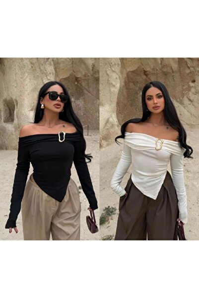 albaroda بلوزة نسائية مكونة من قطعتين بياقة مادونا ومشبك