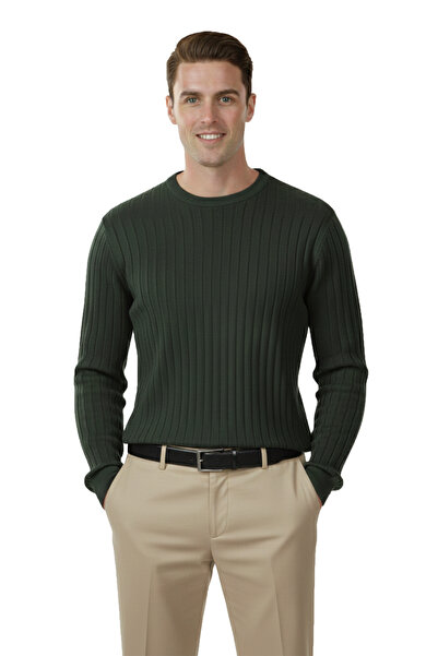 DeepSEA Men's Khaki Comfortable Fit Striped Textured Knit Sweater – Stylish & Modern Design 2605432