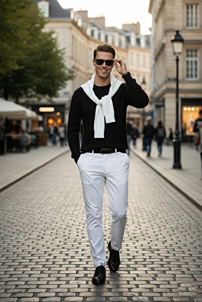 DeepSEA Men's Black Comfortable Fit Striped Textured Knit Sweater – Stylish & Modern Design 2605432